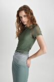 DeFacto Bodycon Bisiklet Yaka Degrade Kısa Kollu Midi Tül Elbise C5926AX24SPGN1107