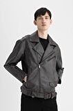 DeFacto Slim Fit Polo Yaka Suni Deri Ceket Mont C5748AX24AUBN338