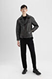 DeFacto Slim Fit Polo Yaka Suni Deri Ceket Mont C5748AX24AUBN338