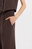Wide Leg Cepli Yüksek Bel Geniş Paça Pensli Keten Karışımlı Pantolon