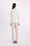 DeFacto Fall in Love Pijama Takım  V Yaka Basic Düz  Uzun Kollu Velur Üst Çizgili Beli Lastikli Alt A6205AX24AUBR277