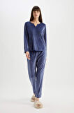 DeFacto Fall in Love Pijama Takım V Yaka Velur Uzun Kollu Üst Beli Lastikli Alt A3356AX24AUPR498