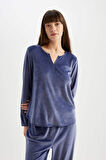 DeFacto Fall in Love Pijama Takım V Yaka Velur Uzun Kollu Üst Beli Lastikli Alt A3356AX24AUPR498