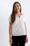 DeFacto Regular Fit Flamlı Pamuk Polo Yaka Kısa Kollu Bluz D4056AXNSWT36
