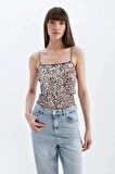Fitted Leopar Desenli Kare Yaka Atlet