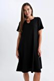 DeFacto 	Regular Fit Apaş Yaka Basic Düz Bürümcük Kısa Kollu Midi Elbise D3834AX24SMBK81