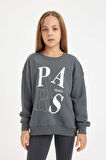DeFacto Kız Çocuk Antrasit Oversize Geniş Kalıp Bisiklet Yaka Baskılı Sweatshirt D3573A824AUAR58
