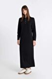 DeFacto Regular Fit Polo Yaka Uzun Kollu Pike Maxi Basic Elbise D1404AX24AUBK81
