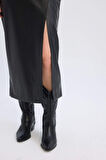 DeFacto Kalem Yüksek Bel Yırtmaçlı Suni Deri Midi Siyah Etek D3015AX24WNBK27