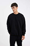 T5139 Siyah Oversize Geniş Kalıp Bisiklet Yaka Kalın Kumaş Basic Düz Sweatshirt