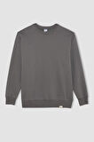 Erkek Kırık Beyaz Oversize Fit Bisiklet Yaka Kalın Kumaş Basic Düz Sweatshirt