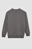 Erkek Kırık Beyaz Oversize Fit Bisiklet Yaka Kalın Kumaş Basic Düz Sweatshirt