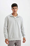 X7405 Comfort Regular Fit Rahat Kalıp Dik Yaka Fermuarlı Kalın Basic Düz Sweatshirt