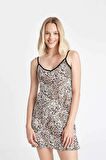 DeFacto V Yaka Leopar Desenli Askılı Mini Elbise D3545AX24HSBN323