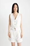 DeFacto Crop V Yaka Keten Karışımlı Blazer Yelek C7798AX24SMER105