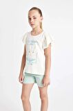 DeFacto Kız Çocuk Pijama Takımı Bisiklet Yaka Baskılı Kısa Kollu Üst Şort C8497A824SMER99