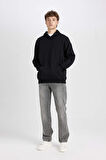 DeFacto Oversize Geniş Kalıp Kapüşonlu Cepli Basic Düz Sweatshirt Y1237AZ24AUBK81