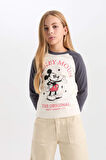 DeFacto Kız Çocuk Disney Mickey & Minnie Crop Bisiklet Yaka Fitilli Kaşkorse Uzun Kollu Tişört D2830A824AUER233