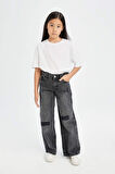 DeFacto Kız Çocuk Wide Leg Jean Pantolon Yırtık Detaylı Geniş Bol Paça Cepli Antrasit D3372A824WNNM36