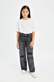 DeFacto Kız Çocuk Wide Leg Jean Pantolon Yırtık Detaylı Geniş Bol Paça Cepli Antrasit D3372A824WNNM36