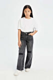 DeFacto Kız Çocuk Wide Leg Jean Pantolon Yırtık Detaylı Geniş Bol Paça Cepli Antrasit D3372A824WNNM36