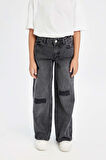 DeFacto Kız Çocuk Wide Leg Jean Pantolon Yırtık Detaylı Geniş Bol Paça Cepli Antrasit D3372A824WNNM36