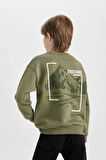 Erkek Çocuk Yeşil Oversize Fit Geniş Kalıp Bisiklet Yaka Sırt Baskılı Sweatshirt