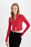 DeFacto Fitted Dik Yaka Basic Düz Fermuarlı Fitilli Kaşkorse Crop Kırmızı Hırka D5124AX24AURD54
