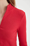DeFacto Fitted Dik Yaka Basic Düz Fermuarlı Fitilli Kaşkorse Crop Kırmızı Hırka D5124AX24AURD54
