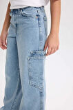 Kız Çocuk Wide Leg Kargo Cepli Geniş Bol Paça Jean Pantolon