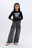 DeFacto Kız Çocuk Cropped Fit Bisiklet Yaka Baskılı Fitilli Kaşkorse Uzun Kollu Tişört D3430A824WNBK81