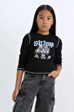 DeFacto Kız Çocuk Cropped Fit Bisiklet Yaka Baskılı Fitilli Kaşkorse Uzun Kollu Tişört D3430A824WNBK81