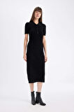 DeFacto Bodycon Vücuda Oturan Basic Düz Düğmeli Polo Yaka Fitilli Kaşkorse Yarım Kollu Midi Siyah Elbise C2882AX24AUBK81