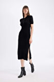 DeFacto 	Bodycon Polo Yaka Fitilli Kaşkorse Yarım Kollu Midi Elbise C2882AX24AUBK81
