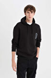 Relax Fit Kapüşonlu Baskılı Kalın Sweatshirt