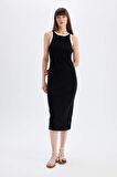 DeFacto Bodycon Vücudu Saran Basic Düz Fitilli Kaşkorse Kolsuz Midi Elbise D5302AX24HSBK81