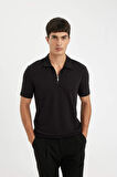 DeFacto Slim Fit Dar Kesim Yarım Fermuarlı Kısa Kollu Krinkıl Siyah Polo Tişört D6478AX24HSBK81