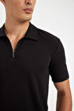 DeFacto Slim Fit Dar Kesim Yarım Fermuarlı Kısa Kollu Krinkıl Siyah Polo Tişört D6478AX24HSBK81