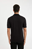 DeFacto Slim Fit Dar Kesim Yarım Fermuarlı Kısa Kollu Krinkıl Siyah Polo Tişört D6478AX24HSBK81