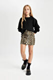 DeFacto Kız Çocuk Leopar Desenli Cepli Gabardin Etek D5241A824WNBG322