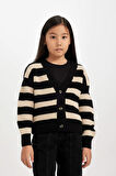 DeFacto Kız Çocuk V Yaka Çizgili Düğmeli Triko Hırka B3484A824WNBK27