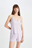 DeFacto Pijama Takımı Ribana Askılı Pijama Üstü Esnek Belli Şortlu Pijama Altı-Fall in Love C7996AX24HSPR77