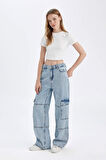 DeFacto Straight Fit Kargo Yüksek Bel Uzun Jean Yıkamalı Pantolon C7363AX24AUNM39