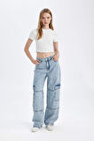 DeFacto Straight Fit Kargo Yüksek Bel Uzun Jean Yıkamalı Pantolon C7363AX24AUNM39