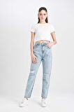 DeFacto Lina Mom Fit Yıkamalı Jean Pantolon Yırtık Detaylı Yüksek Bel Bilek Boy C7615AX24AUNM39