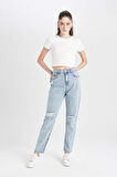 DeFacto Lina Mom Fit Yıkamalı Jean Pantolon Yırtık Detaylı Yüksek Bel Bilek Boy C7615AX24AUNM39