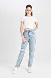 DeFacto Lina Mom Fit Yıkamalı Jean Pantolon Yırtık Detaylı Yüksek Bel Bilek Boy C7615AX24AUNM39