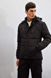 DeFacto Su İtici Mont Slim Fit Dar Kesim Kapüşonlu Polar Astarlı Fermuarlı U9773AZ24WNBK27