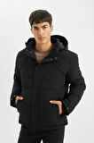 DeFacto Su İtici Mont Slim Fit Dar Kesim Kapüşonlu Polar Astarlı Fermuarlı U9773AZ24WNBK27