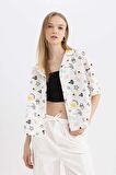 DeFacto Coool Oversize Pijama Yaka Desenli Kısa Kollu %100 Pamuk Gömlek A6863AX24SMWT32